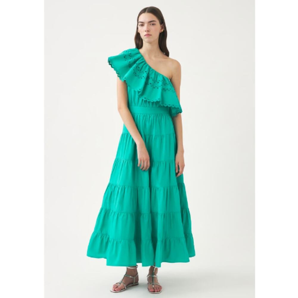 NEW Antik Batik Rodo One Shoulder‎ Maxi Dress Aqua Cotton Poplin Size Large $398